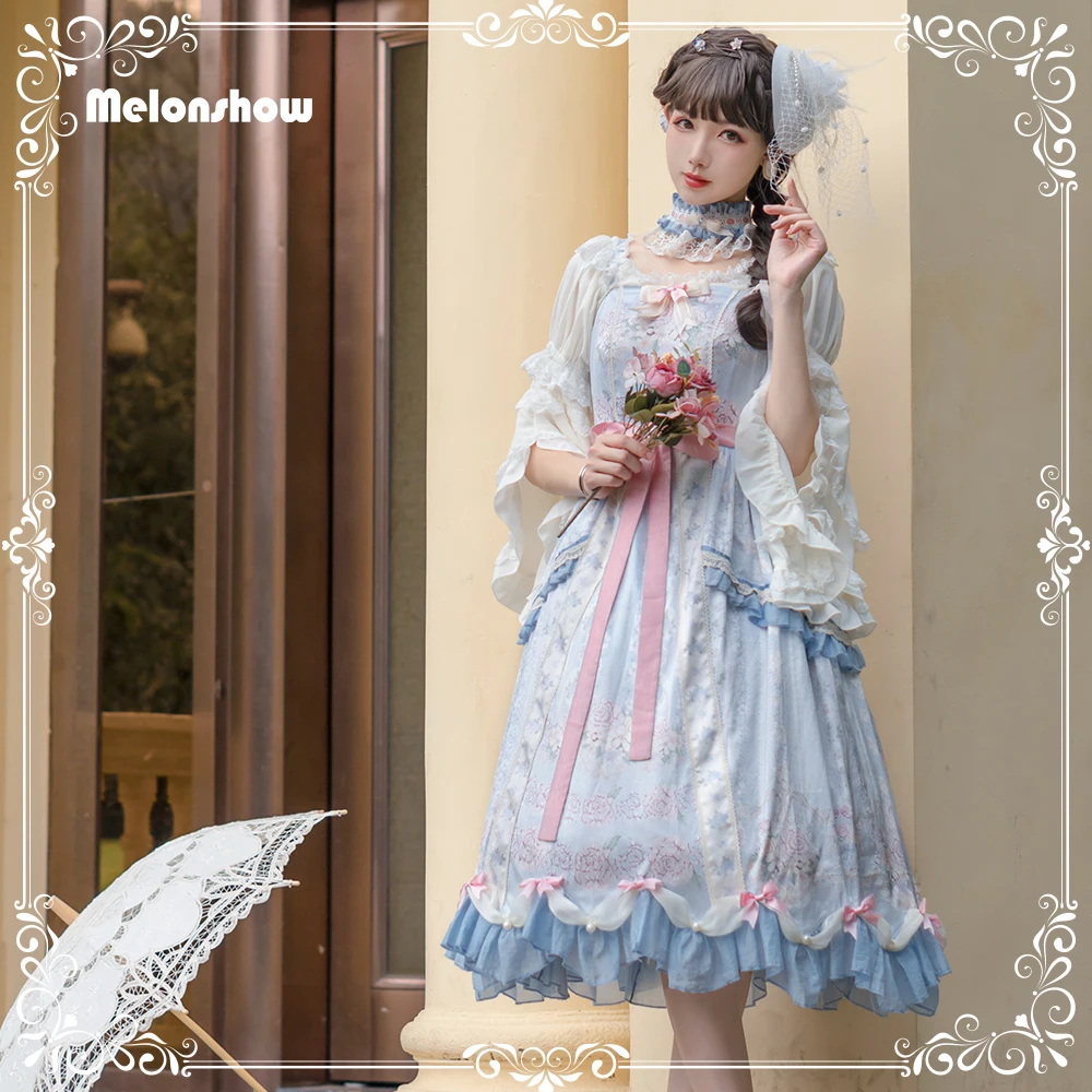 

Melonshow Slip Lolita Dress Floral Print Women Vintage Elegant Sweet Dress Woman Long Sleeve Lolita Blouse Korean Kawaii Ruffle