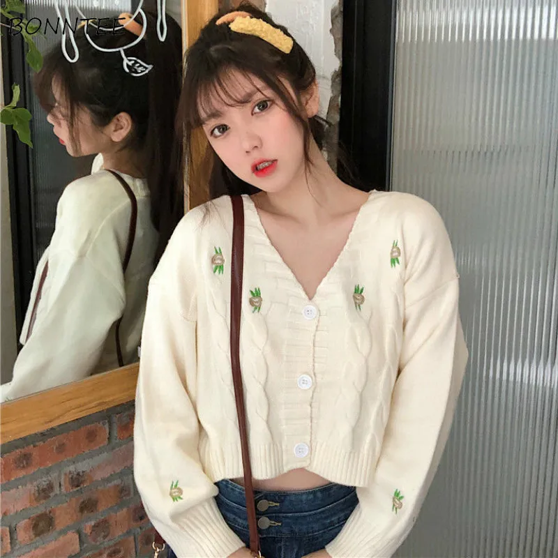 

Sweaters Women V-Neck Long Sleeve Embroidery College Sweet Lovely Knitting Cardigan Ladies Student Korean Style Chic All-match