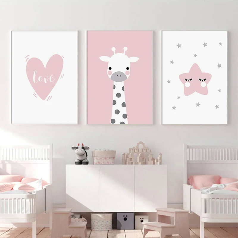 

Nordic Pink Baby Girl Poster Nursery Wall Art Giraffe Rabbit Stars Canvas Painting Love Quotes Print Picture for Kids Room Decor