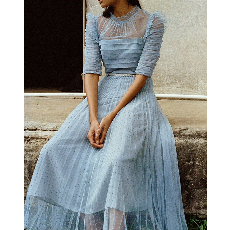 

Vintage Blue Mesh Dress Woman Short Sleeve High Waist Elegant Vestidos Lady Runway Self Party Bridesmaid Dresses Female Summer