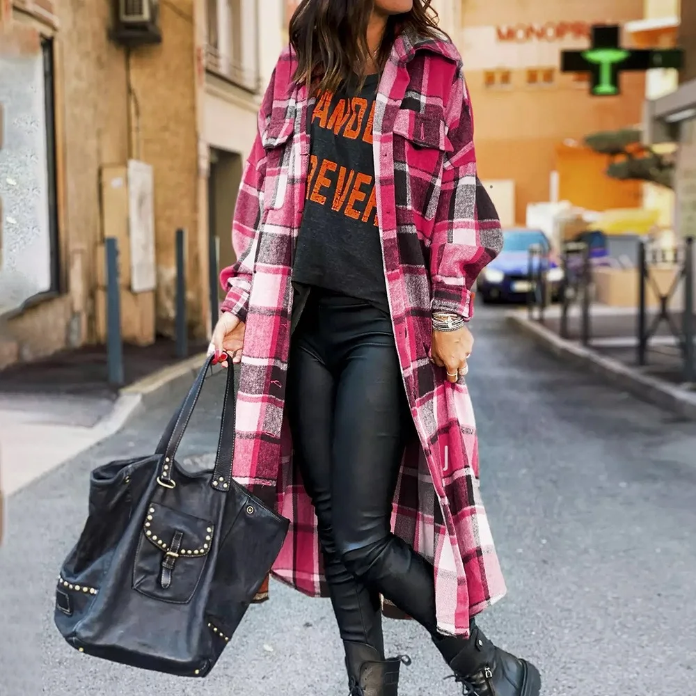 

Famale Long Plaid Classic Loose Shirts Autumn Woolen Jacket Women Cardigan Blouse Streetwear Ladies Turn-Down Collar Overcoat