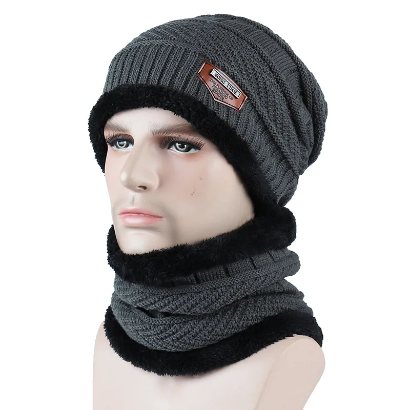 Модная мужская теплая зимняя шапка шарф с этикетками вязаная однотонные шапочки
