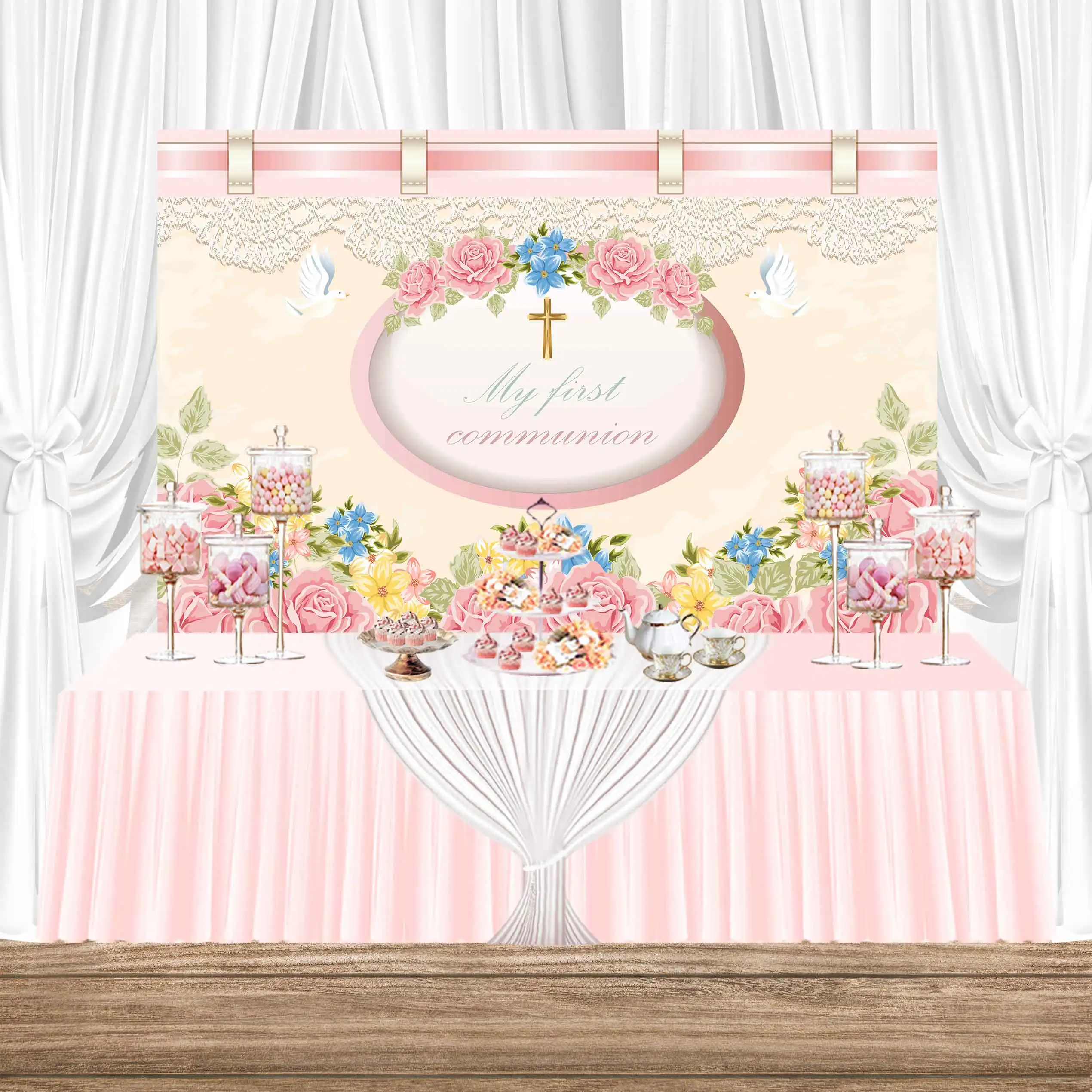 

Pink Flowers Pigeon Child Photo Photography God Bless My First Communion Backgrounds Baby Backdrop Party Portrait Backdrop