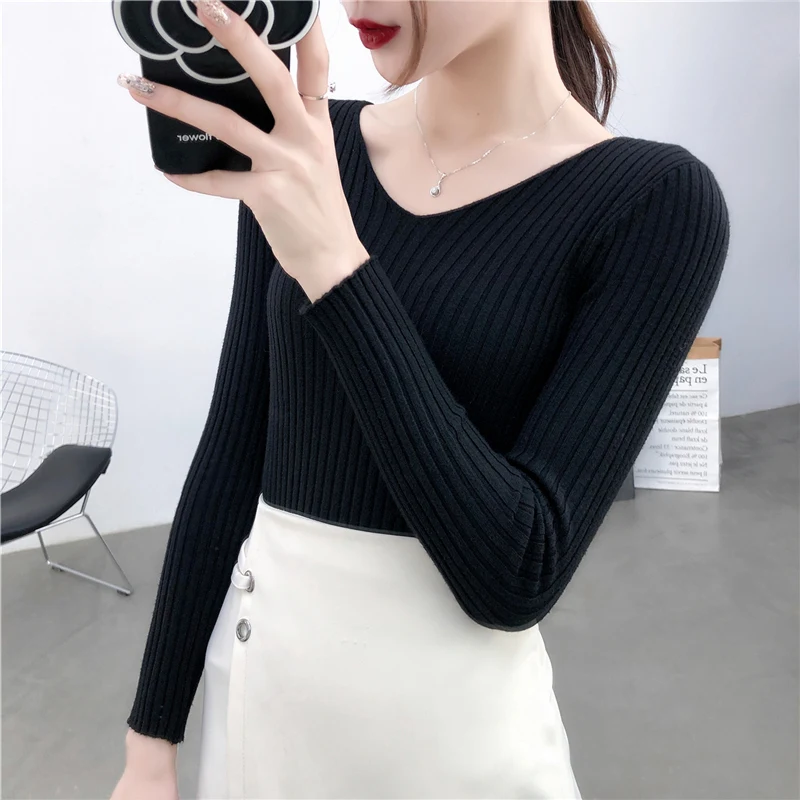 

Облегающий свитер с длинным рукавом, универсальный облегающий свитер, Женский Повседневный вязаный свитер с V-образным вырезом внутри, белы...