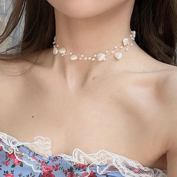 

Origin Summer French Pearls Love Heart Chokers Necklaces for Women Multi Layers Pendant Wedding Necklace Jewelry Accessories