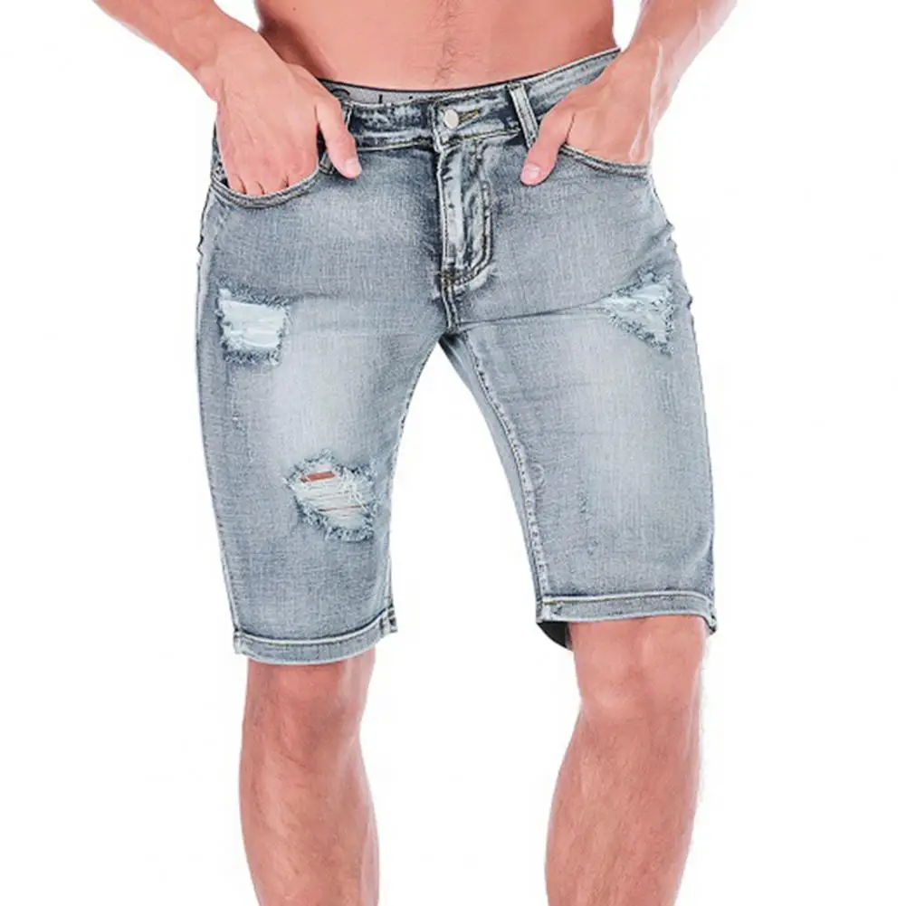 

Шорты мужские рваные с несколькими карманами, облегающие Стильные прямые джинсовые брюки, со средней талией, с дырками, лето