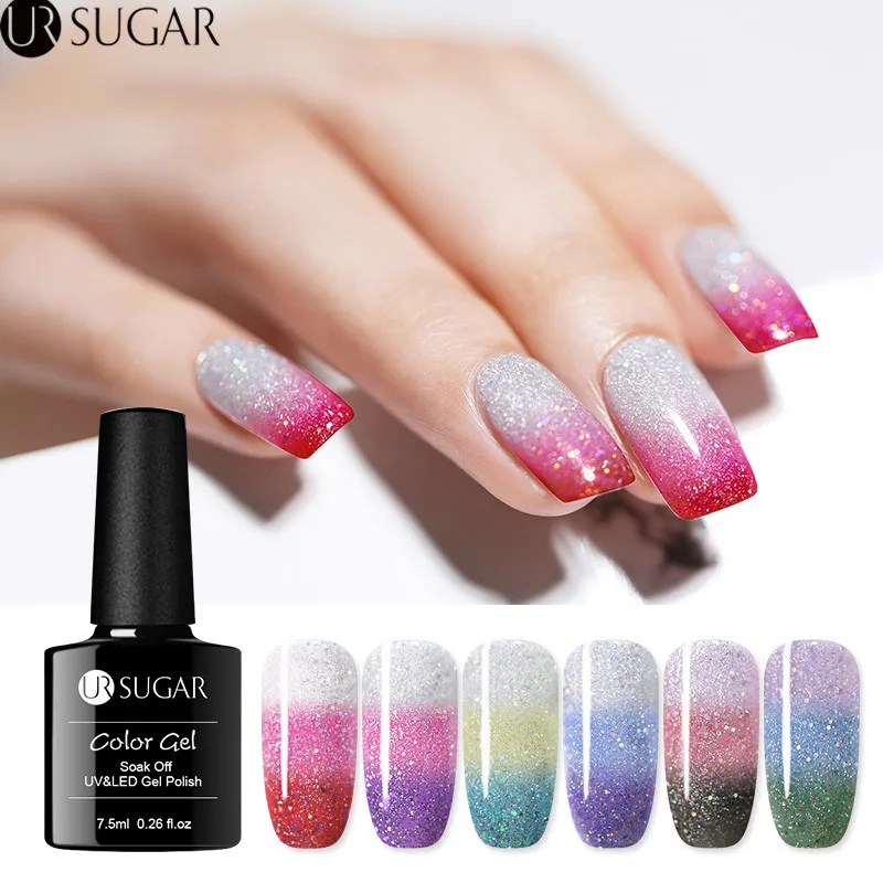 Ur Sugar, 3 цвета, меняющий температуру, Гель-лак для ногтей, Радужный голографический термальный замачиваемый УФ-Гель-лак, 7,5 мл, дизайн ногтей