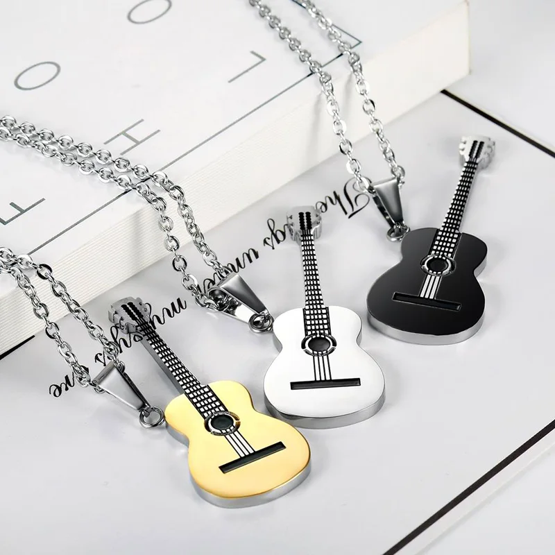 Фото Men Women Punk 316L Stainless Steel Guitar Necklaces Hip Hop Rock Slide Music Element Chains Necklace No Fade Pendant Jewelry №5