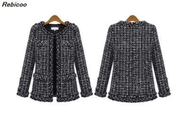 

Hot 2019 autumn and winter Slim thin Check checkered Tweed coat push Large size Casual O-Neck women Plaid Jacket Outerwear