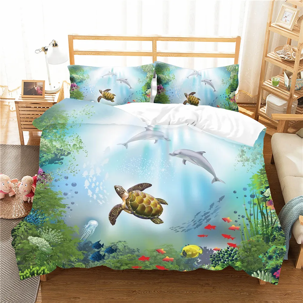 Sea Animals Print Bed Cover Turtle Dolphin Linen Set Pillowcase Marine Life Bedding 2/3 Piece for Teens Adult | Дом и сад