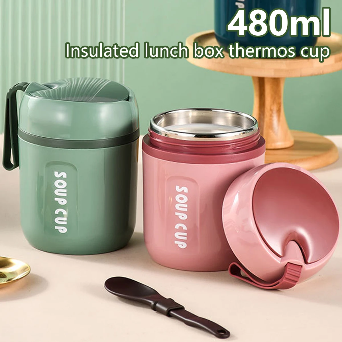 

480ML Food Flasks Stainless Steel Lunch Flask+Foldable Spoon Thermal Insulated Soup Container Lunch Container with Silicone Rope