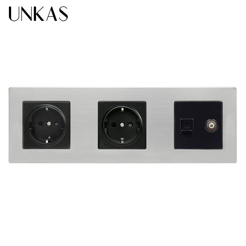 Socket UNKAS панель из нержавеющей стали двойная розетка 16A ЕС розетка+ женский ТВ разъем с RJ45 CAT5E Интернет порт серебристый черный - Тип: Socket