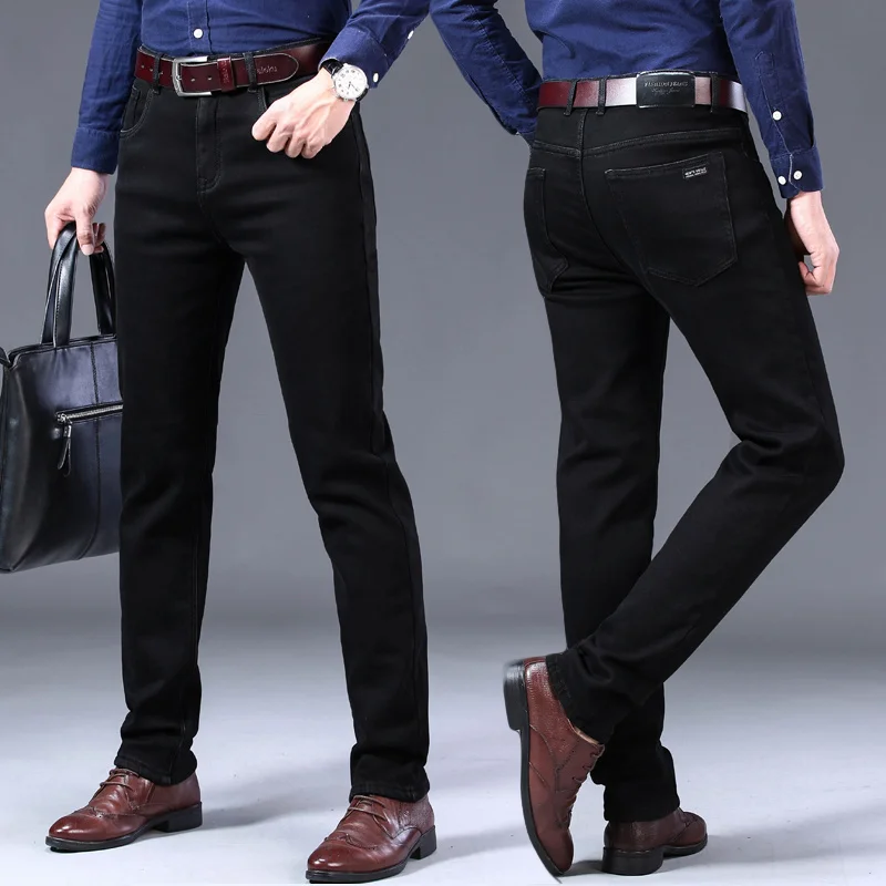 

2021 Winter New Men's Warm Slim Fit Jeans Business Fashion Thicken Denim Trousers Fleece Stretch Brand Pants Black Blue