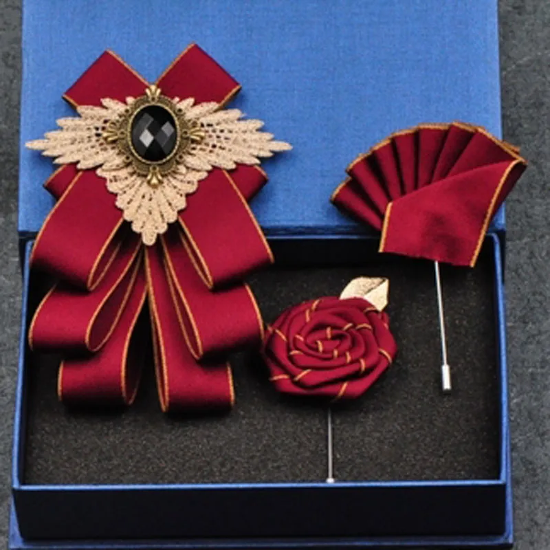 Wine red set Новая модная повседневная многослойная бриллиантовая брошь с бабочкой, стразы, красная брошь для галстука-бабочки, набор для свадьбы, жениха, жениха, мужчин, карманный квадратный мужской - Цвет: Wine red set
