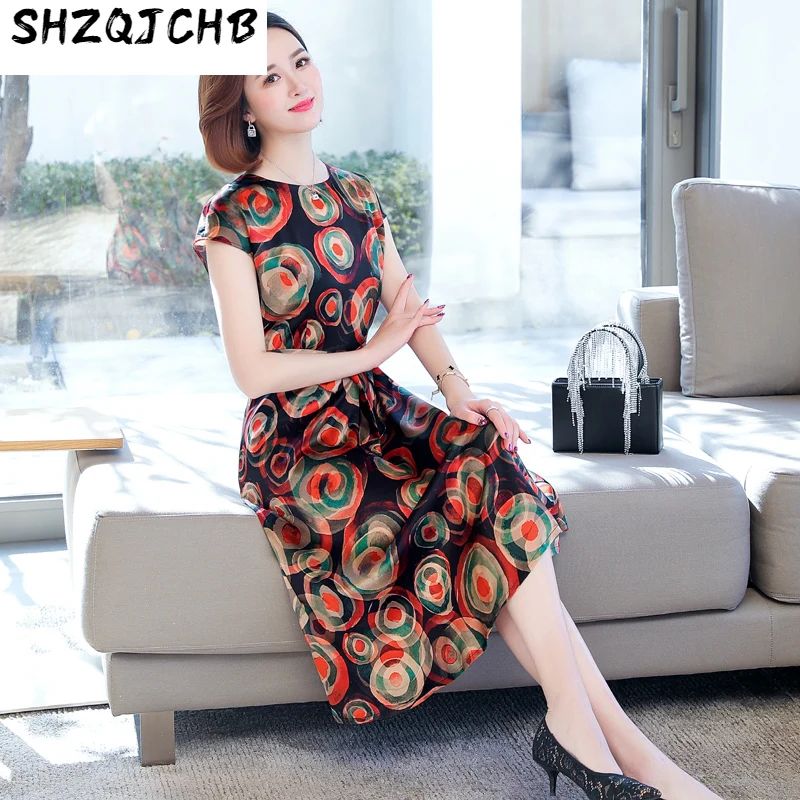 

SHZQ Silk Dress Women's 2021 Summer Dress New Short Sleeve Printed Waist Closing Medium Length Skirt Mulberry Silk Skirt