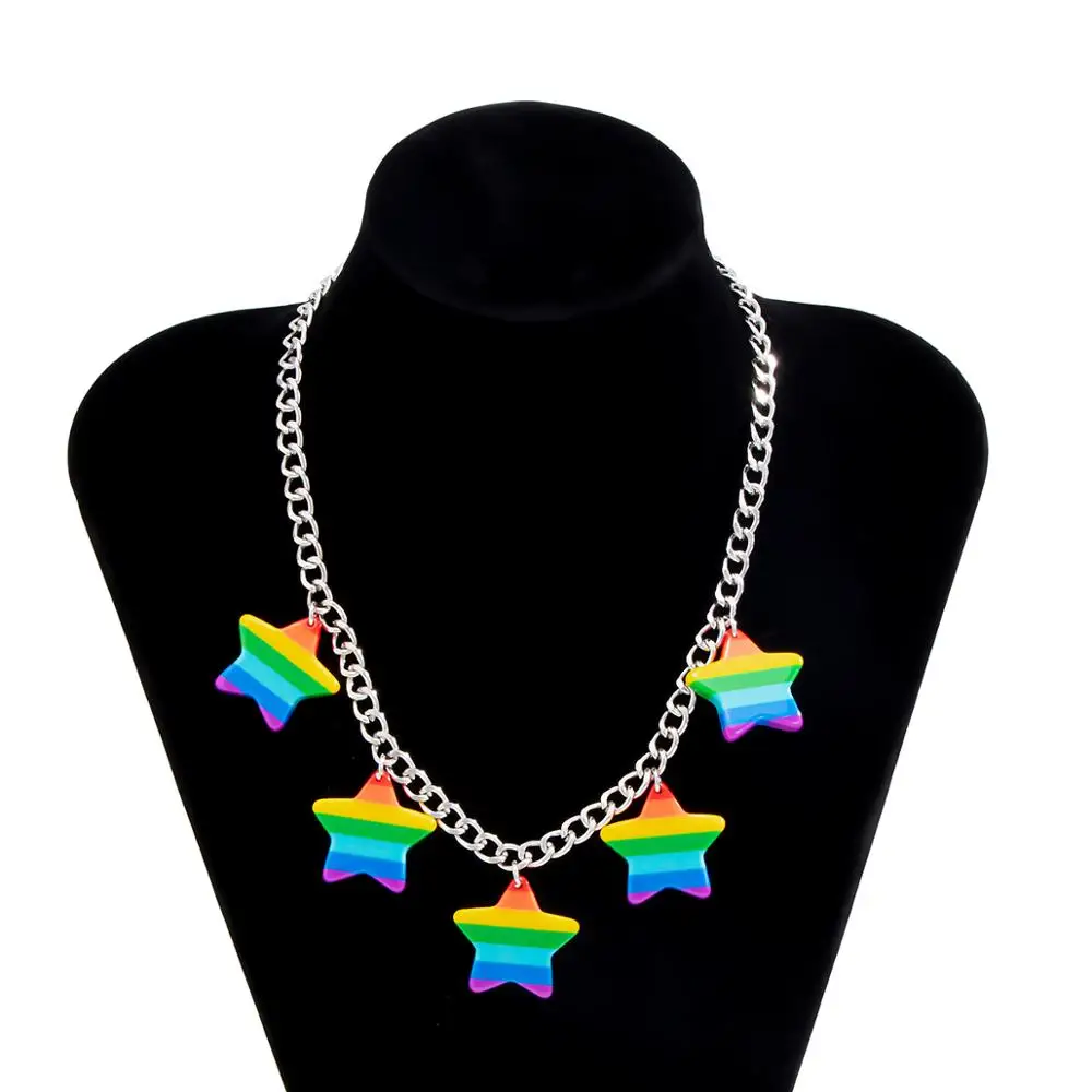 

Bohemian Rainbow Acrylic Acetic Acid Star Pentagram Tassel Choker Necklace Statement Multiple Pendant Necklace for Women Jewelry