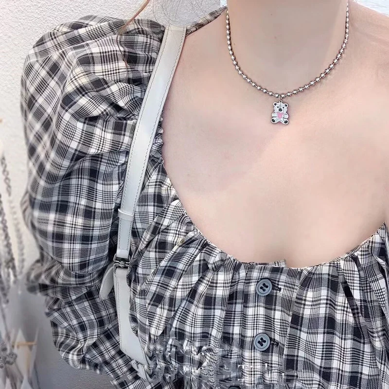 

LOVOACC Cute Metallic Pink Love Heart Bear Pendant Choker Necklace for Women Beaded Chain Animal Stainless Steel Necklaces Gifts