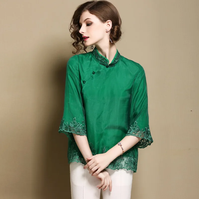 Лето 2021 традиционная зеленая Китайская одежда Рубашки Топы для женщин |