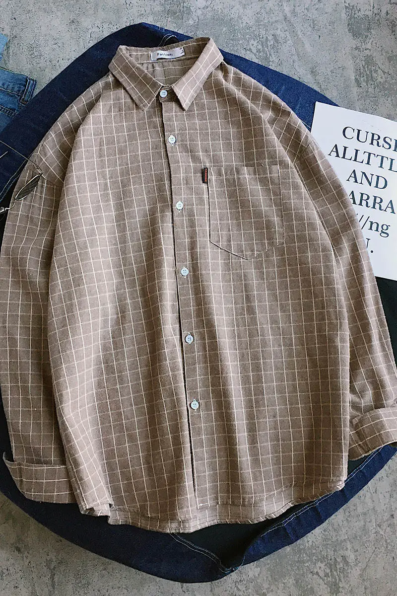 

Autumn Long Sleeve Fine Lattice Men Cotton Shirt Fashion Loose Turn Down Collar Shirts Chest Pocket Versatile Male Casual Shirts