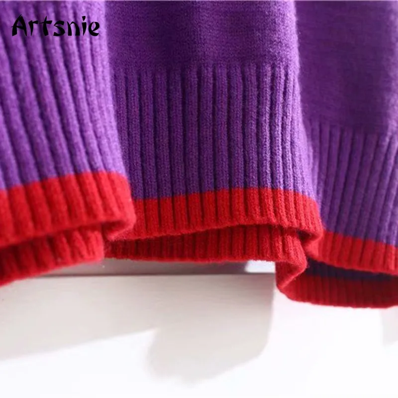 

Artsnie geometric vintage oversized sweater for women winter o neck long sleeve pull femme hiver warm purple sweaters jumper
