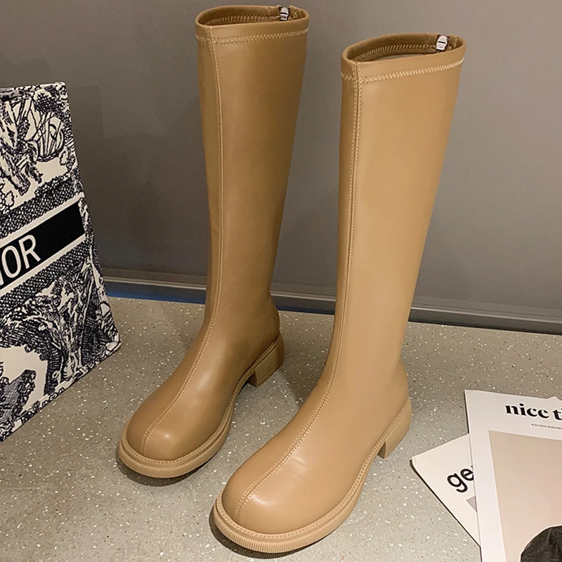 

Women Autumn Winter Knee-High Modern Boots 2021 New Round Toe Med Heels Shoes Female Zip Casual Shoes Ladies Chelsea Boots