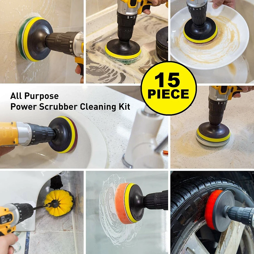 

15PCS Drill Brush Attachment Set Power Scrubber Combo Scrub Tub Cleaning Kit For Athtub, Grout, Upholstery, Bathroom Surface