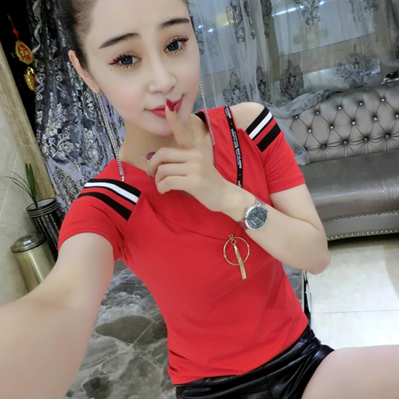 

2021 summer new short sleeve T-shirt women's slim off shoulder cotton T-shirt V-neck Stripe Shirt