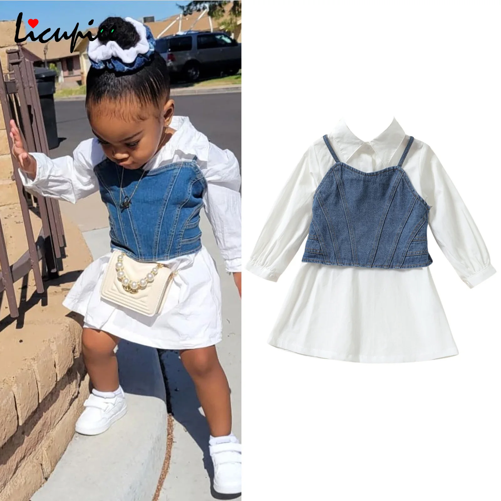 

2 шт., осенний комплект для девочек 1-7 лет, рубашка с длинным рукавом и пуговицами + джинсовая кофта