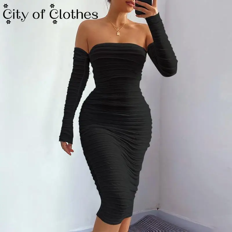 

Off Shoulder Ruched Summer Women's Dress Gloves Backless Sexy Bodycon Party Cami Solid Dresses For Ladies Club Streetwear 2021