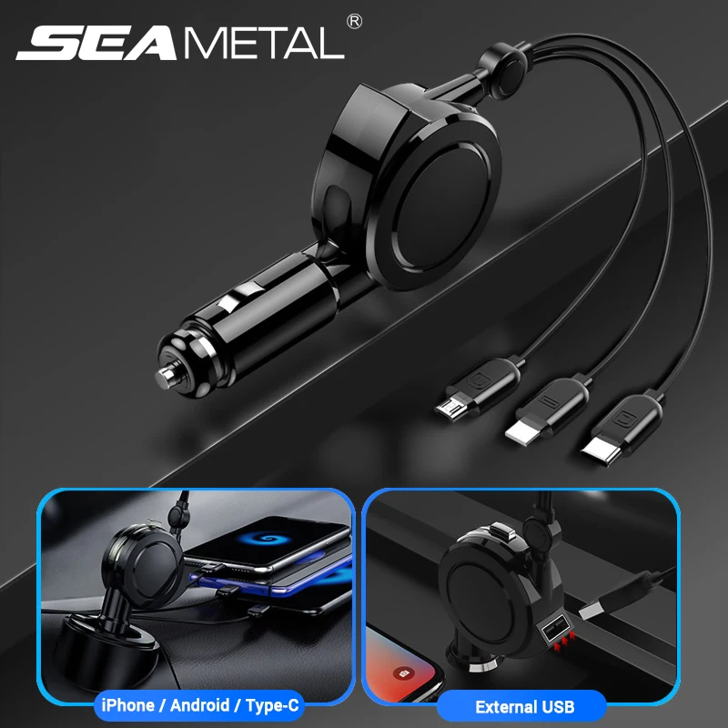 

4 in 1 Retractable Car Charger with Lightning/Type-C/Micro-USB Charging Cable 4.2A Quick Charge Cigarette Lighter Power Adapter