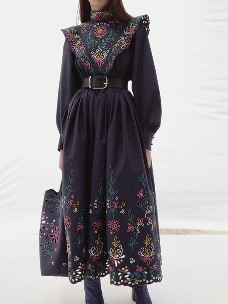 

Fashion Runway 2022 Spring 100% Cotton Skirt Set Women Blue White Hollow Out Ruffless Top+High Waist Embroidery Floral Skirt Set