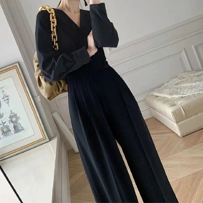 

Office Ladies V-neck Full Sleeve Ladies Jumpsuit Elegant Temperament Slim Wide Leg Loose Jumpsuit Ladies Spring 2021 Jumpsuit