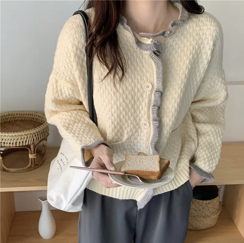 

Осень-зима 2021, кашемировый свитер с длинным рукавом, Женский однобортный Кардиган с круглым вырезом, мягкая свободная вязаная верхняя одежд...