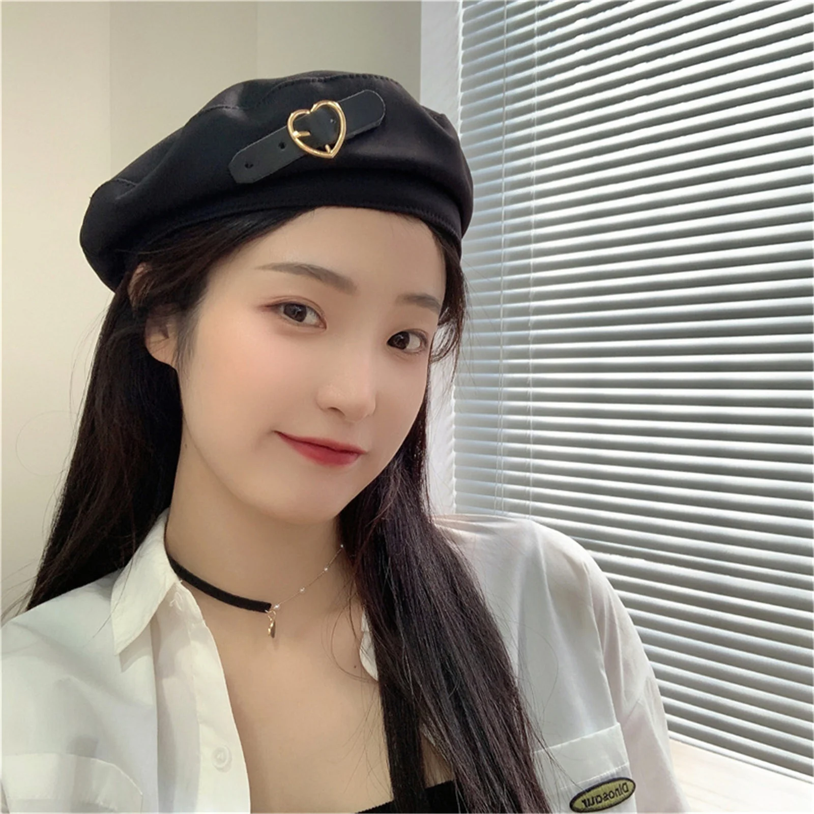 Черные береты с металлической пряжкой в форме сердца осенне-зимние теплые шапки