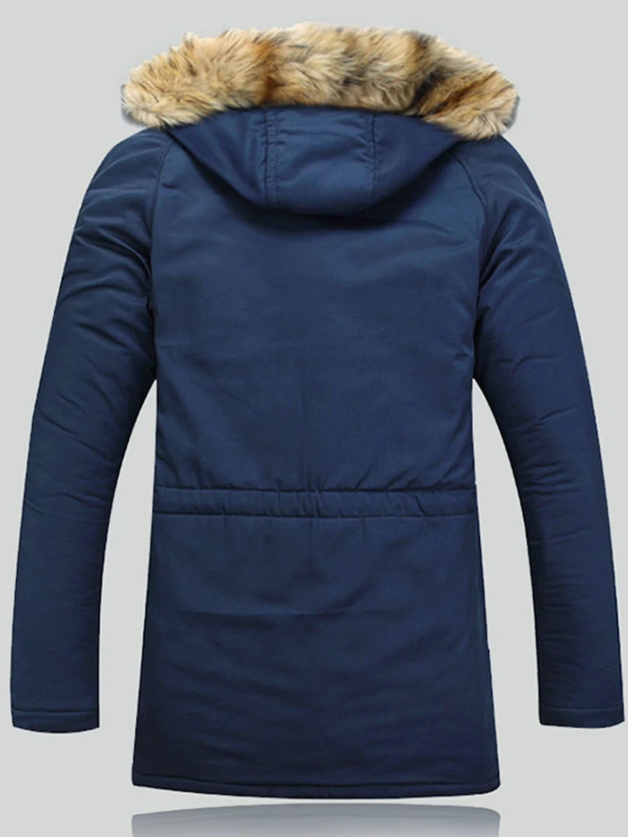 Мужская зимняя куртка одноцветная на молнии толстая теплая с меховым воротником