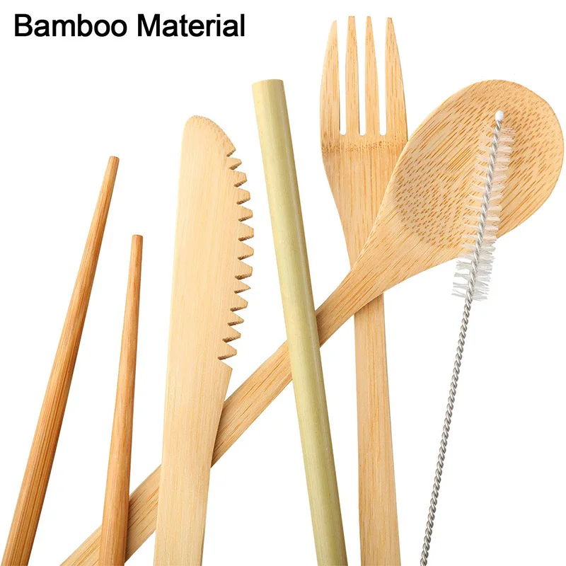 Murah 10 Set Set Sendok Garpu Bambu, Alat Bambu Yang Dapat Digunakan Kembali Termasuk Pisau, Garpu, Sendok, Sumpit, Jerami Yang Dapat Digunakan Kembali Untuk Piknik Perjalanan