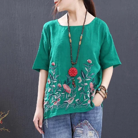 Женская винтажная блузка с цветочной вышивкой размера плюс Летняя Повседневная
