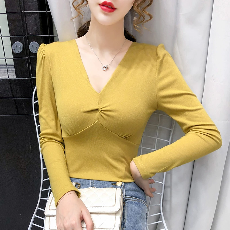 

Женская короткая футболка с длинным рукавом gkfnmt, хлопковая облегающая футболка с V-образным вырезом, в Корейском стиле