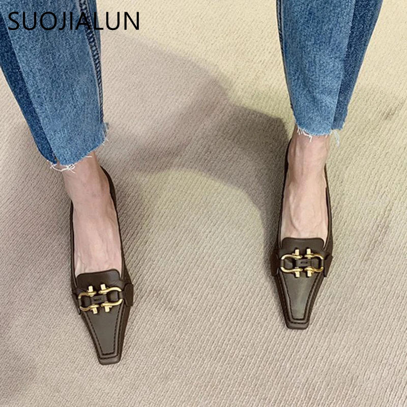 

SUOJIALUN Fashion Brand Design Buckle Women Pumps Square Toe Slip On Work Shoes Low Heel Spring Autumn Party Wedding Shoes
