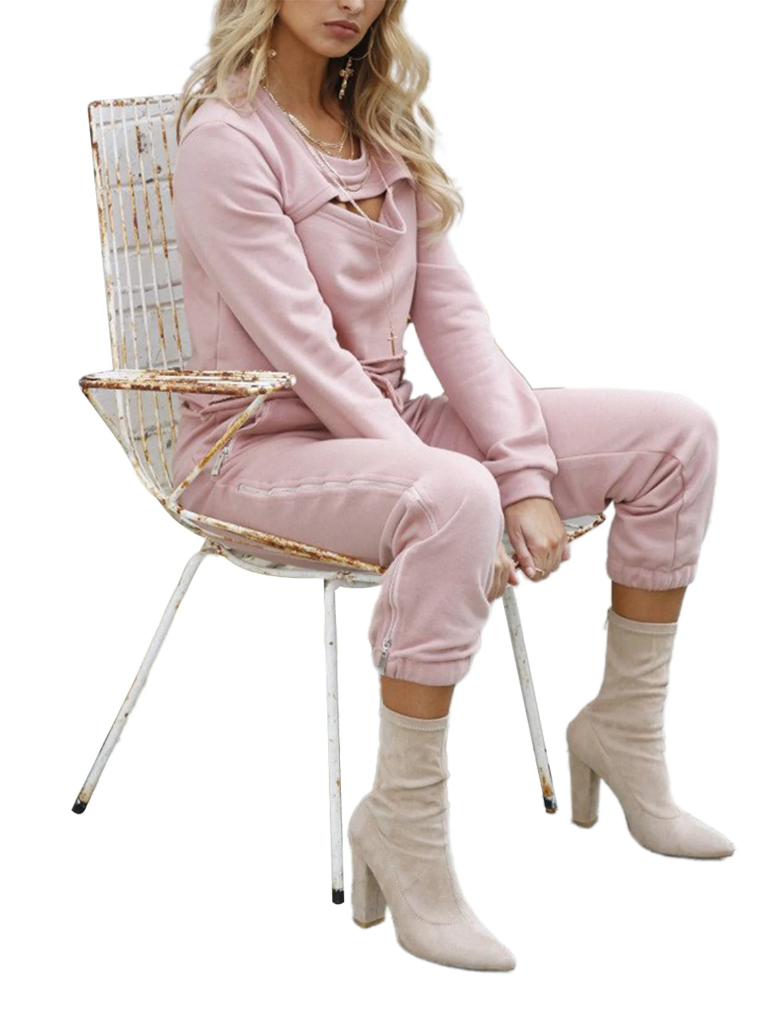 

Women Sports Set Long Sleeves + Trousers, Solid Color Hollow-carved Design Drawstring Elastic Waist Spring Clothing