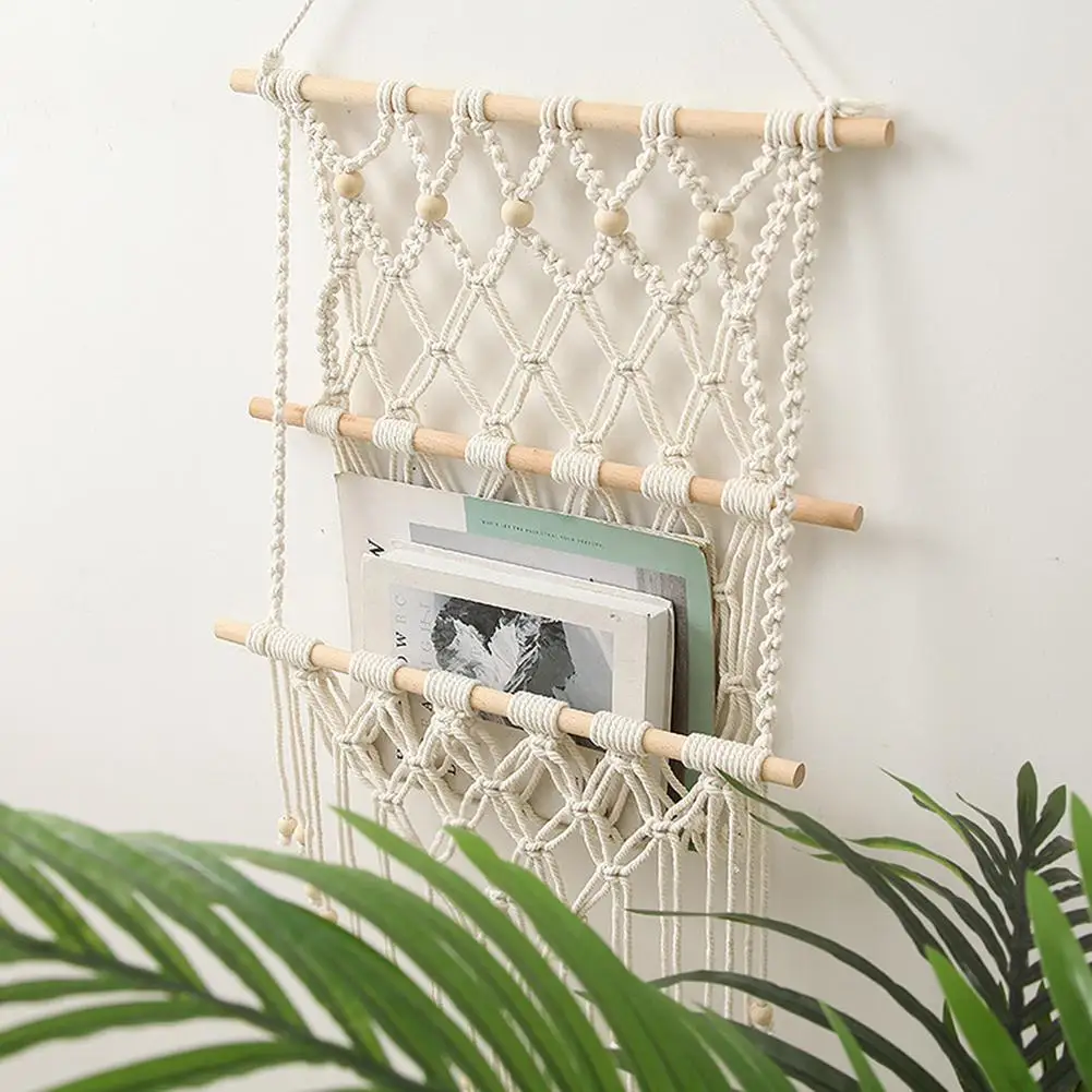 

Boho Magazine Holder Net Nordic Style Wall Hanging Woven Tapestry Tassels Wall Decor Plant Organizer Net Frame