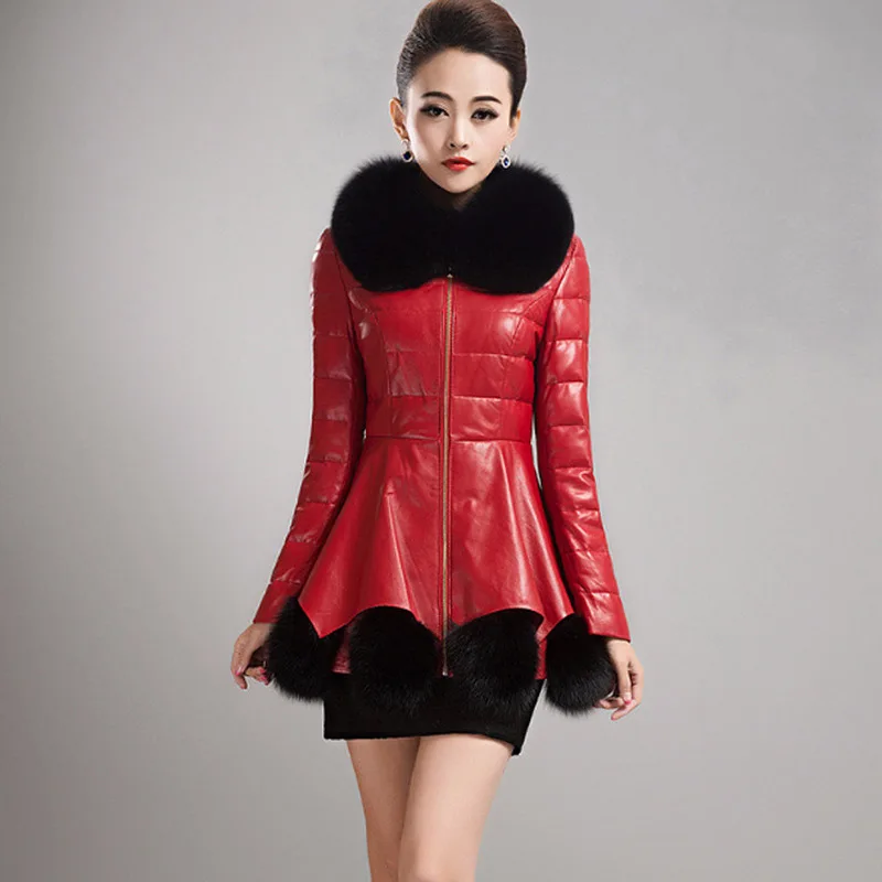 Women's Red Faux Leather Jacket Down Cotton Parka Winter Coat Female Slim Fashion Korean Chaqueta Mujer Cuero KJ536 | Женская одежда