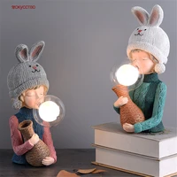 nordic ins vase bunny hat girl resin art deco led table lamp for children bedroom living room creative bedside standing lights