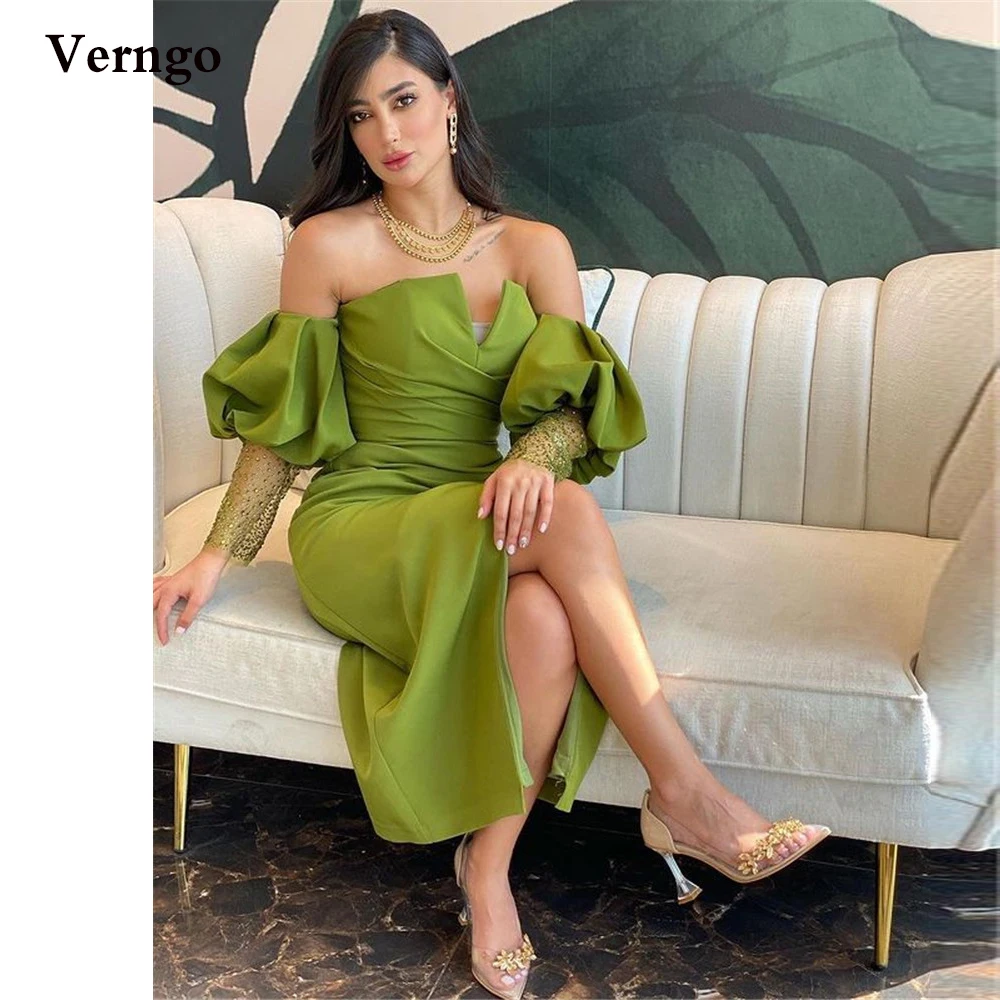 Verngo 2021 yeni çim yeşil krep balo elbisesi askısız puf kollu çay uzunluğu Dubai kadınlar resmi parti elbise