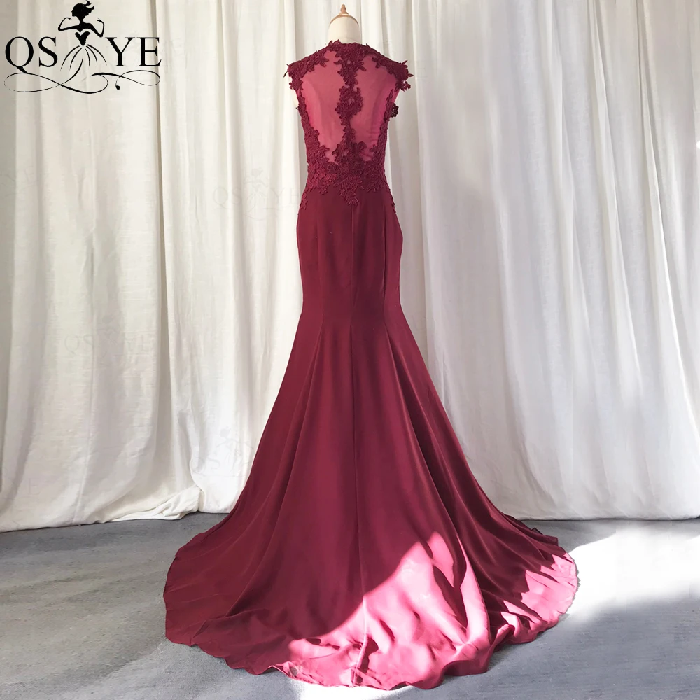 

QSYYE Broken Size US8 Dark Red Prom Dresses Elastic Mermaid Long Evening Dress Burgundy Long Tail Party Gown Cap Sleeves Lace