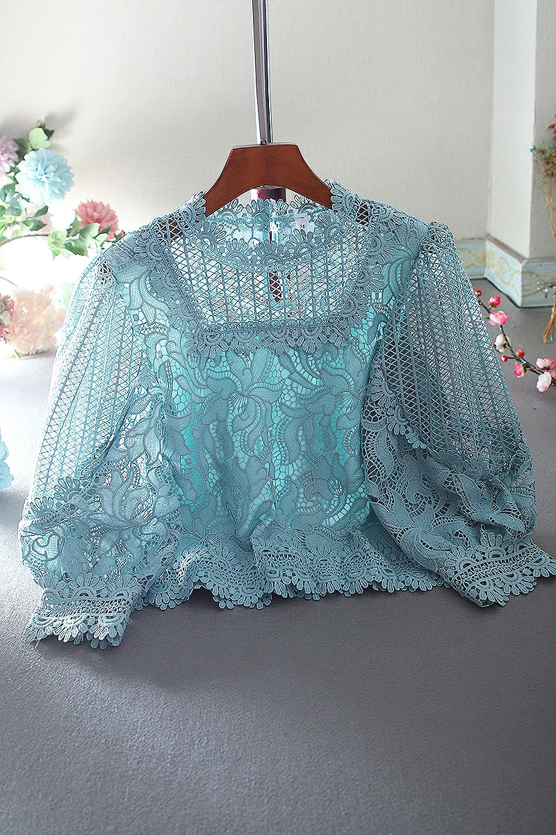 

Vintage Summer Hollow Lace Crocheted Lantern Sleeve Shirt Women Fresh Korean Fashion Elegant High-Waist Blouse Pullover Crop Top