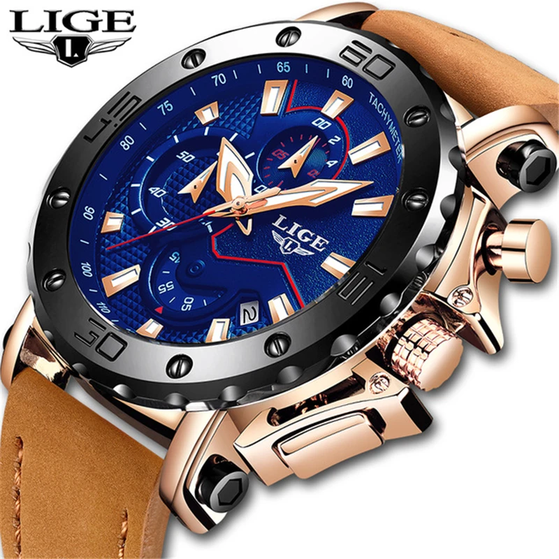 Часы наручные LIGE Мужские кварцевые брендовые Роскошные спортивные