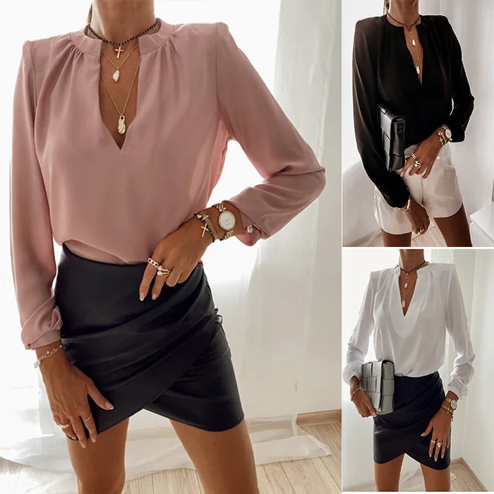 

2021 Sexy V Neck Shirts Women Fashion Blouse Long Sleeve Elegant Office Lady Shirt Solid Casual Tunic Top Party Blusas Femme