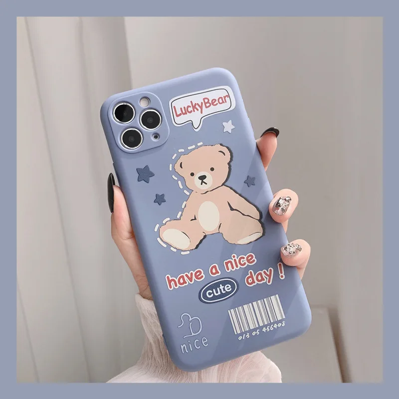 

Cute Cartoon Animal Bear Label Korean Phone Case For iPhone 13 12 11 Pro X XR Xs Max 7 8 Puls SE 2020 Cases Soft Silicone Cover