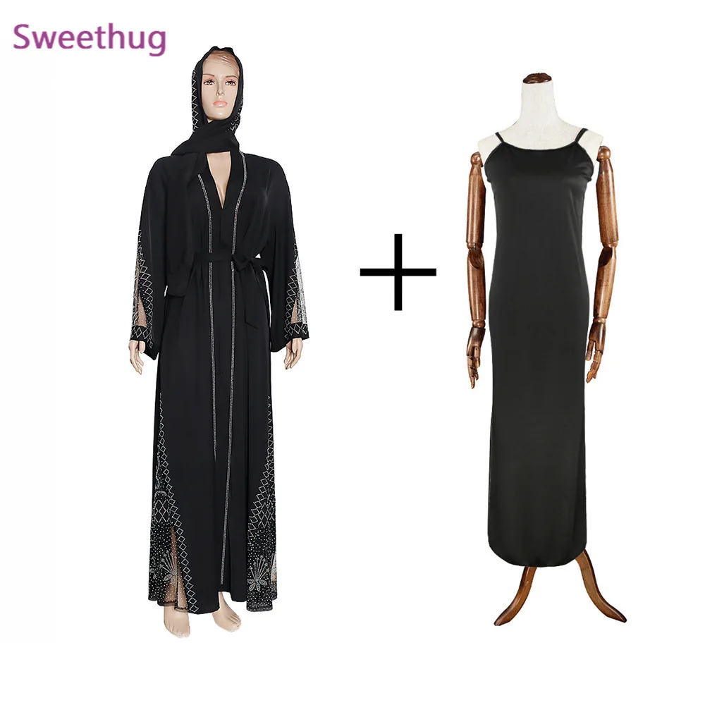 Black Bangladesh Women Lace Maxi Abaya Dubai Turkey Muslim Hijab Dress 2020 Plus Size Diamond Shiny Boubou Long Sleeve Dress